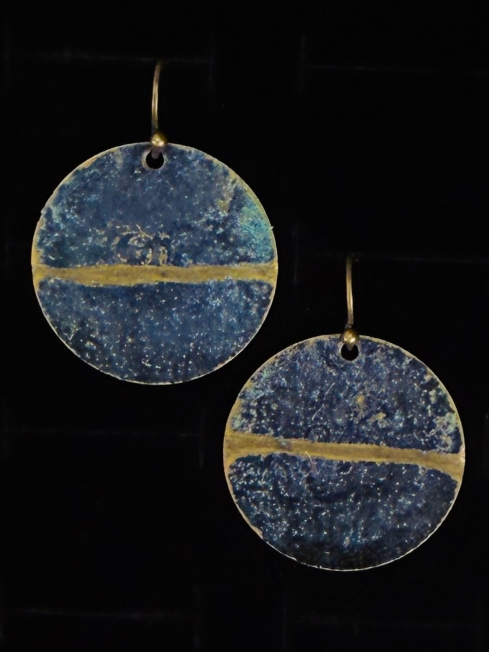 Bohemian chic aged brass tone blue circle disc earrings pierced